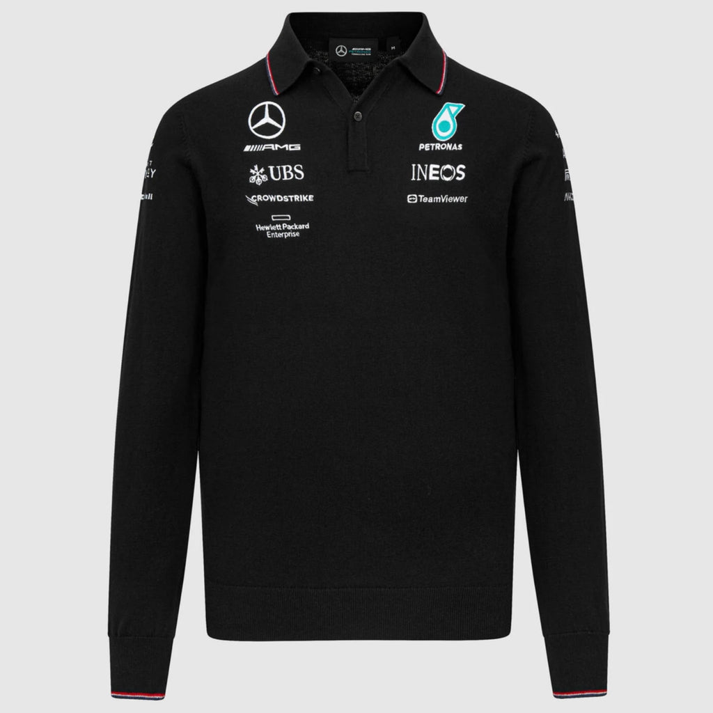 Mercedes AMG Petronas F1 Team Official Merchandise 2023 Team Long Sleeve Knitted Polo Shirt-Black