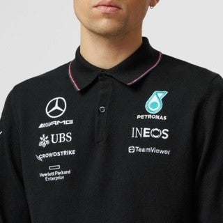 Mercedes AMG Petronas F1 Team Official Merchandise 2023 Team Long Sleeve Knitted Polo Shirt-Black