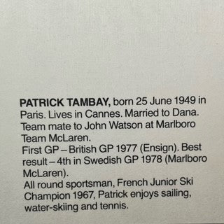 Patrick Tambay Hand Signed Marlboro McLaren F1 Team Origional 1970's Promo Card.