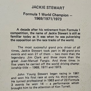 Sir Jackie Stewart 3 Times F1 World Champion Hand Signed Tyrell F1 Team Origional 1973 Promo Card.