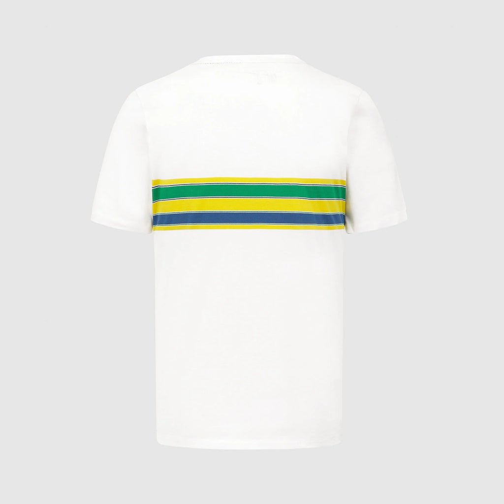 Ayrton Senna Official Licenced Collection Iconic Helmet Striped Organic Cotton T-Shirt-White